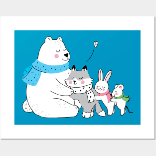 Winter polar bear hugging littles animals Posters and Art